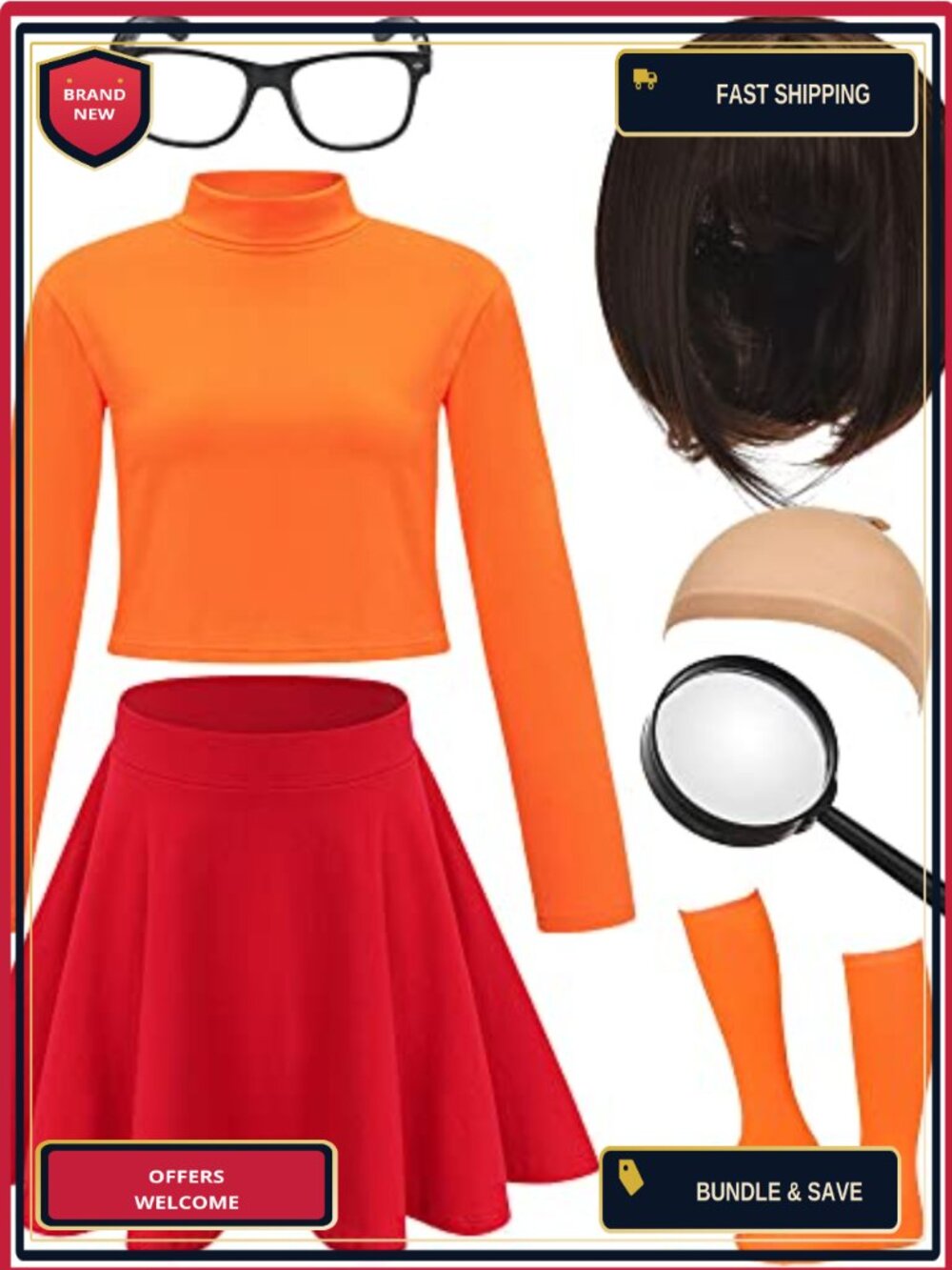 7Pcs Halloween Costume Set for Women Cosplay Crop Top Skater Skirt Wig Cosplay